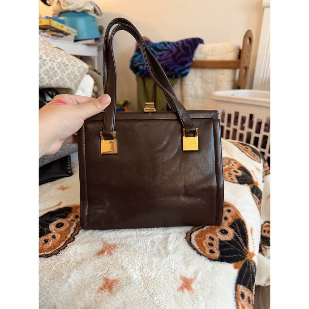 Koret Mid-Century Modern Brown Calfskin Satchel Bag 1960s Vintage Gold Hardware